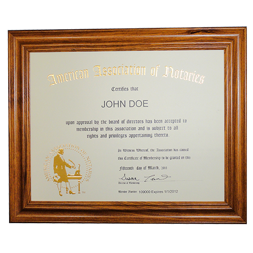 This Alabama notary deluxe membership certificate frame allows you to show off your notary membership in one of the most prestigious notary associations in the U.S. The frame includes a gold embossed 8.5 x 11 inches certificate with AAN logo, your name, membership number, membership expiration date, and the signature of our membership director. This item may only be purchased by active members of the American Association of Notaries. </p></p></p></p></p>