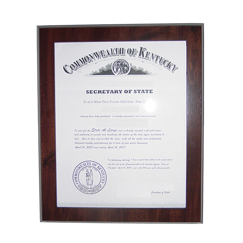 This 11 x 8-1/2 elegant cherry wood finish Alabama notary certificate frame makes an attractive addition to any office. Simply slide your Alabama notary certificate in from the side. No need for nails or screws. Designed to fit 8-1/2 x 11 inch certificates. We can also custom make a frame to fit any state's notary certificates. This Alabama notary certificate frame will Guard your Alabama notary commission certificate from damage with this elegant cherry wood finish frame that makes an attractive addition to any office.