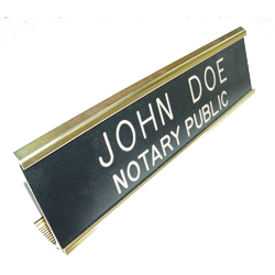 Alabama notary desk signs are an essential part of presenting a professional image in the modern day work environment. This elegant, brass metal desk sign engraved with your name and the wording 'Notary Public' on an acrylic plate will make a fine addition to your office. This sign can be customized with up to two lines. Please type in any special customization instructions in the instruction box at checkout.