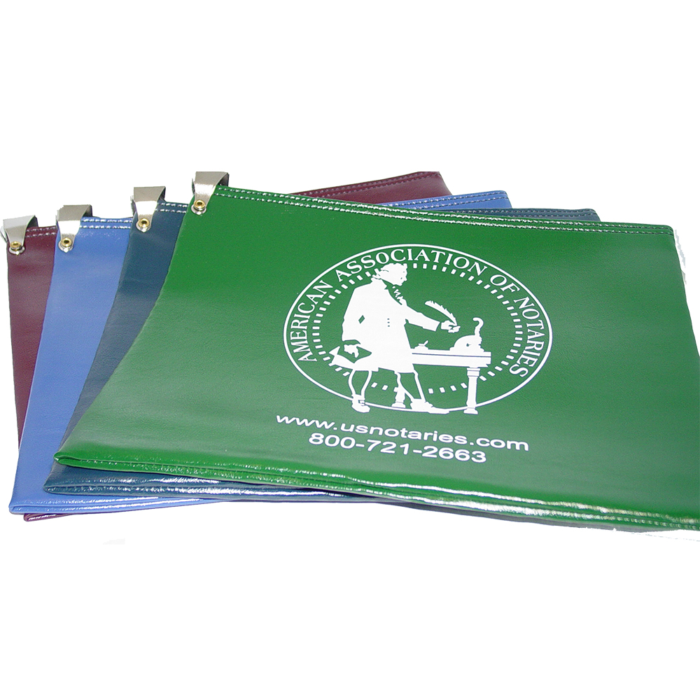 Don't risk misplacing your Alabama notary supplies. This notary locking zipper bag is an ideal and convenient way to store, transport, and secure your Alabama notary supplies. The bag easily carries your Alabama notary record book, notary stamp, and notary seal embosser. Made of durable leatherette material (soft vinyl). Imprinted on one side of the bag with the AAN logo. Available in 6 colors. </p></p></p></p>