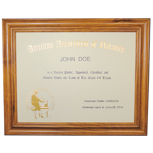 This Alabama notary commission frame is made of solid hardwood. Available in cherry, black, and walnut wood. The notary frame includes a gold embossed notary certificate, personalized with your notary name and your Alabama notary commission information. Proudly display your status as a commissioned Alabama notary public with our deluxe notary certificate frame. This certificate frame can be purchased by both non-members and members of the AAN.