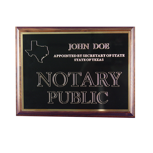 This Alabama notary deluxe wall sign is mounted on an attractive walnut plaque and engraved on a metal plate with gold lettering with your name, your state, and the wording 'Notary Public'. This sign makes a fine addition to any office.